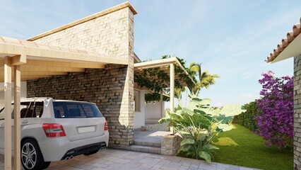 Wooden house and white polished concrete, seen from the pool and the beautiful green garden.