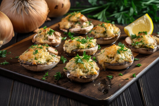 Shrimp Scampi Stuffed Mushrooms, Filled With Tender Shrimp, Garlic Butter, And Herbs, Baked Until Golden And Bubbly, Served On A Rustic Platter, Generative Ai