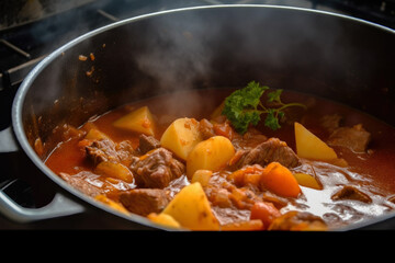 Savory goulash simmering in a pot with steam rising and chunks of tender beef, carrots, and potatoes visible, generative ai