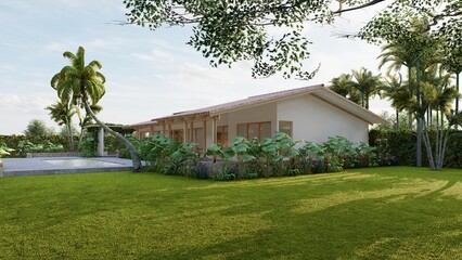 Wooden house and white polished concrete, seen from the pool and the beautiful green garden.