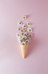 Ice cream cone with daisy flower and leaves on pink background. Flat lay. Minimal summer concept.