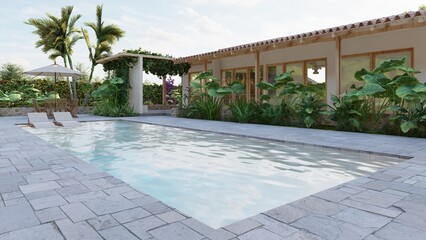 Wooden house and white polished concrete, seen from the pool and the beautiful green garden.