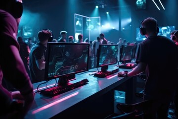 World Cup.Cybersport team involved in online tournament in gaming club . Team of professional cybersport gamers in gaming tournament Generative AI