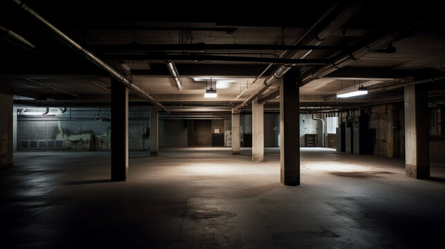 A large dark empty basement with flickering fluoresc 
 Generative AI