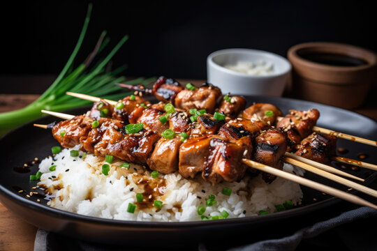 mouth-watering image of perfectly grilled yakitori skewers served on a bed of fluffy rice and garnished with fresh scallions and sesame seeds, generative ai