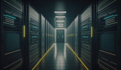 Fototapeta premium Shot of Corridor in Working Data Center Full of Rack Servers and Supercomputers with an Internet connection. Generative AI