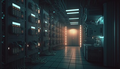 Naklejka na ściany i meble The image shows a massive server room, rendered in a realistic 3D. Generative AI