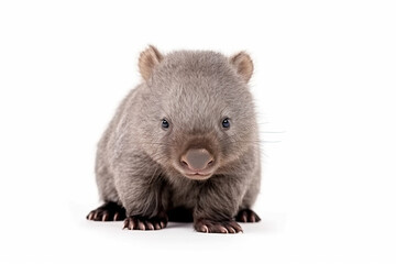 Wombats joey, a protected species in Australia and can be found living in grasslands, forests, and mountainous areas with sandy soils or boulder fields. Isolated on white background - 585957514