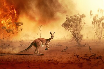 Fototapeta premium Kangaroo in raging bushfire midst of Australia. Devastating climate change and global warming. This serves as a reminder of the urgent need to save the koala and other wildlife from natural disaster.