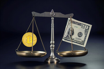 Exchange rate Bitcoin to the US DOLLAR currency. Financial concept about the BTC - USD exchange rate balance.