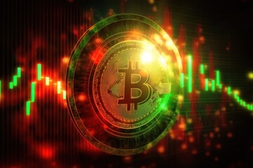 Obraz premium Crypto-currency Bitcoin is featured on an electronic backdrop with red and green lights. Stock exchanges are depicted by candlestick charts, accentuating the unpredictability of Bitcoin's worth.