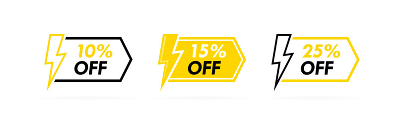 Price discount sale tags with lightning bolt. 10, 15 and 25 percent off discount. Banner template for business, shops, advertising , discount, sale. Modern flat style vector illustration