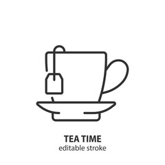 Tea cup and saucer line icon. Breakfast outline vector symbol. Editable stroke.