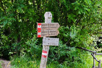 wooden signpost on a hiking trail at pass mendola in South Tyrol, Italy