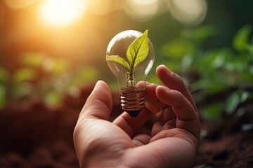 Human hand holding a light bulb containing a small plant, symbolizing the promotion of sustainable energy and efforts to combat climate change for the protection of our planet.