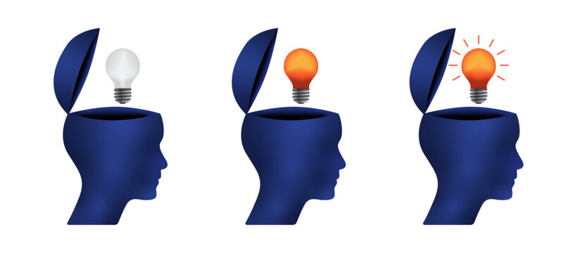 Blue open minded character set with lightbulb. 3d idea concept illustration to use in business, logical thinking, open mind and knowledge concept projects and presentations.
