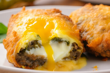 Macro shot of crispy golden Chiles Rellenos battered with egg and stuffed with savory ground beef, generative ai