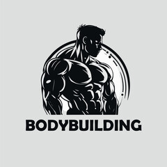 Fitness gym badge or emblem vector illustration. Man bodybuilder silhouette for t-shirt, print stamp. Retro logo design.