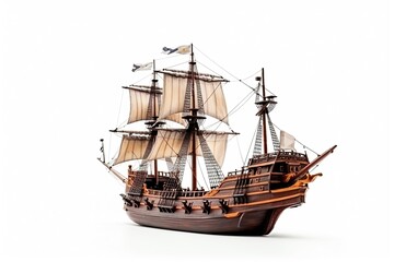 A galleon sailing ship from the 16th century is shown on a white background. The model typically comes with a base for exhibiting and may have tiny cannons, rigging, and sails as additional features.