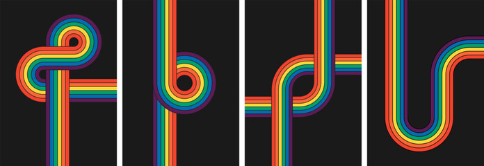 Retro groovy rainbow color striped background set. Geometric hippie rainbows path collection. Vintage hippy style various abstract iridescent stripes. Trendy minimalistic y2k colourful artwork posters