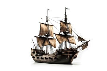 On a white background is a 16th century pirate ship model. It is a miniature copy of a traditional pirate boat with authentic design features and delicate details.