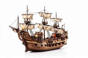A galleon sailing ship from the 16th century is shown on a plain white background. The ship is usually placed on a stand for showcasing and might come with small cannons, ropes, and sails as extras.