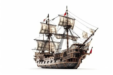 A pirate ship from the 16th century is shown on a plain white background. The model is typically placed on a stand for presentation and may have details like small cannons, ropes, and sails.