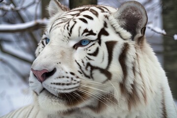 white tiger's piercing blue eyes and powerful jaws emerge from the snowy Indian forest, creating a striking contrast against the serene, winter landscape.