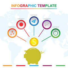 piggy bank  infographic template with 5 titles, Diagram with steps, business data presentation. Vector infographic. 