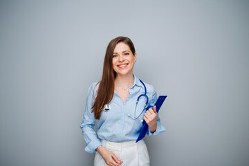 Happy doctor woman isolated portrait with copy space.