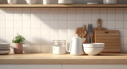 Fototapeta na wymiar Modern kitchen background, countertop with kitchen utensils and empty space, generative ai