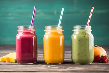Summer colorful fruit smoothies in jars, generative ai