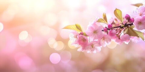 Fototapeta na wymiar Spring banner, branch of blossoming cherry, beautiful nature outdoors, copy space, generative ai illustration