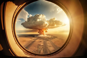 From an airplane window, a nuclear explosion can be seen, producing a mushroom cloud in a scene of devastation. The consequences of war and the need for peace.