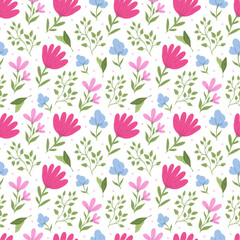 Floral seamless pattern vector design with pink flowers, hand drawn vector design for fabric, wallpapers, textile