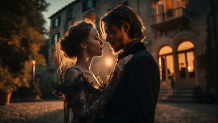 beatiful couple looking each other romantic cinematic shot of loving couple wide view