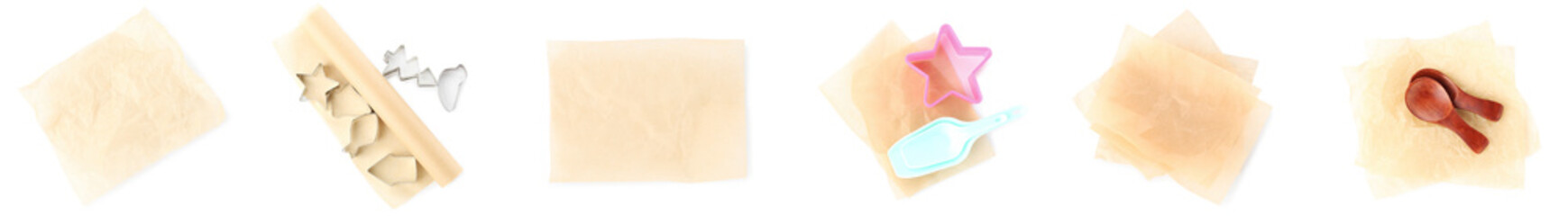 Collection of baking paper with kitchen utensils on white background, top view