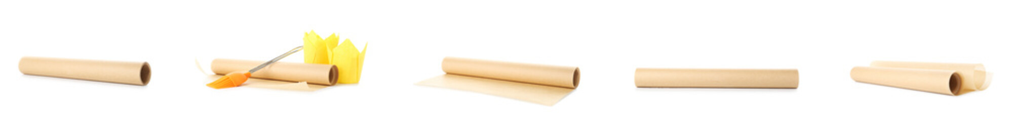 Collage of baking paper with brush and muffin cups on white background