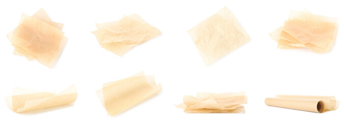 Collage of baking paper on white background