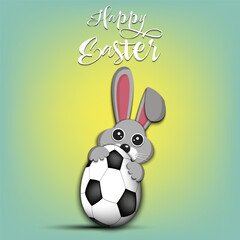 Happy Easter. Rabbit with egg shaped soccer ball