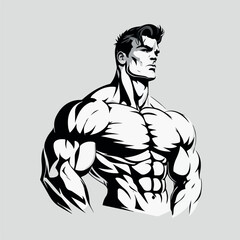 Fitness gym badge or emblem vector illustration. Man bodybuilder silhouette for t-shirt, print stamp. Retro logo design.