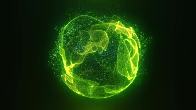 Abstract green looped energy sphere of particles and waves of magical glowing on a dark background, video 4k, 60 fps
