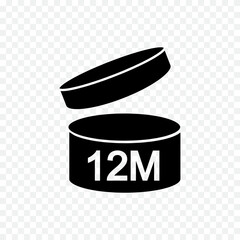 12m PAO icon. 12 months or 1 year period after opening sign. Black jar with open lid and number. Product freshness time. Cosmetic, shampoo, makeup validity label