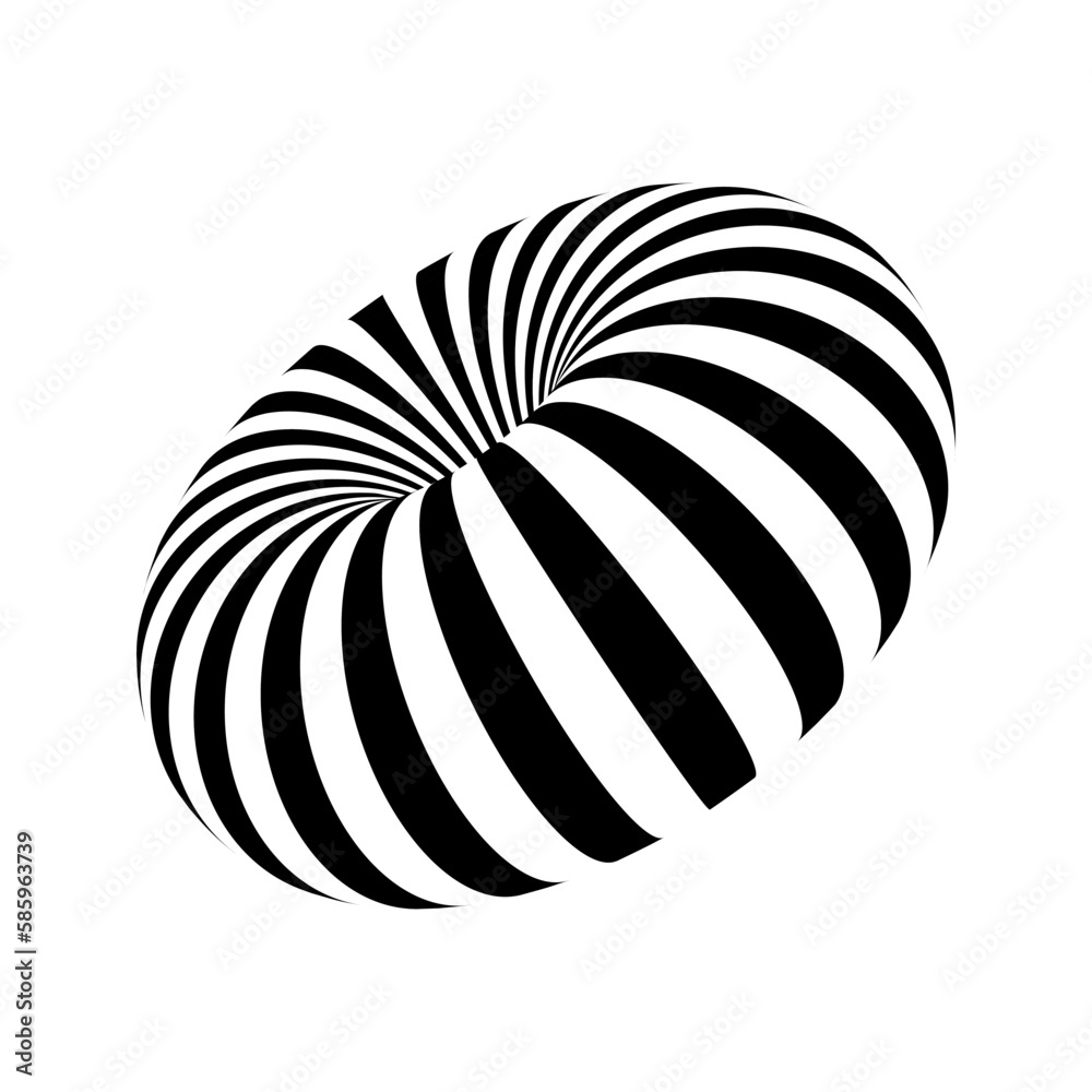 Wall mural 3d striped torus shape in perspective. donut figure in three dimensional space with black and white 