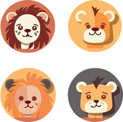 Cute little lion doodle illustration set of funny safari animals on isolated background. Sweet jungle lions sticker collection for baby design or children decoration