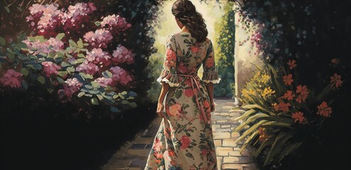 Woman wearing floral dress and walking through garden, concept of Femininity and Nature, created with Generative AI technology