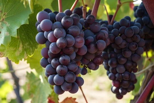 Close-up of Bunches of Ripe Red Wine Grapes on a Vine: AI Generated Image
