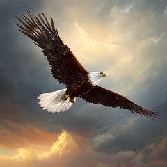 Flying eagle in the background with clouds ai Generated, generative AI, CGI graphics