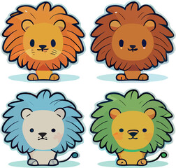 Cute little lion doodle illustration set of funny safari animals on isolated background. Sweet jungle lions sticker collection for baby design or children decoration