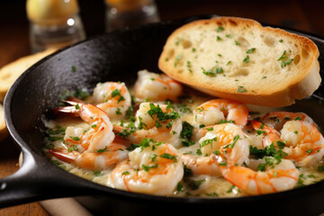 Fototapeta na wymiar inviting close-up of a sizzling skillet with perfectly cooked shrimp scampi, crispy garlic bits, and fresh parsley, served with a side of crusty bread, generative ai